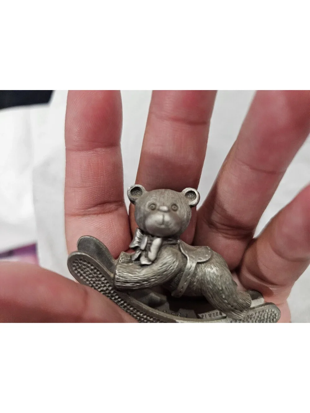 Vintage 1983 Spoontiques Rocking Teddy Bear Pewter Silver Figurine Size 1.5X2.5